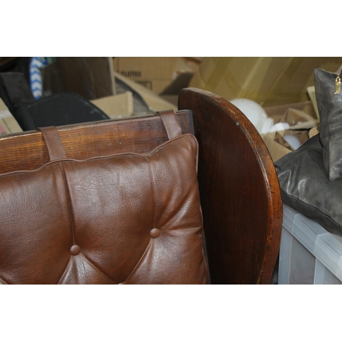 131 - PAIR OF LEATHER AND WOOD BARREL ARMCHAIRS 
63 X 63 X 107CM