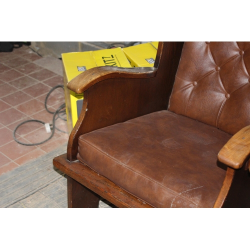 131 - PAIR OF LEATHER AND WOOD BARREL ARMCHAIRS 
63 X 63 X 107CM