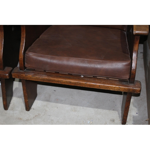 131 - PAIR OF LEATHER AND WOOD BARREL ARMCHAIRS 
63 X 63 X 107CM