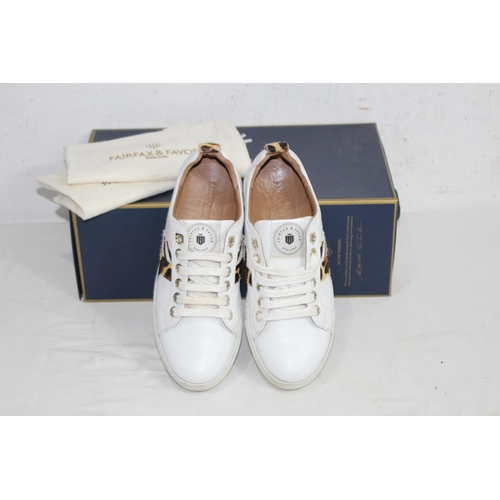 683 - FAIRFAX AND FAVOUR ALEXANDRA TRAINERS IN WHITE, JAGUER AND ZEBRA CALF HAIR SIZE 4 IN BOX