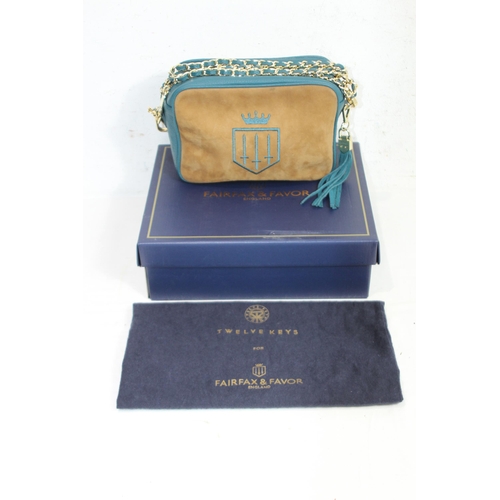 684 - FAIRFAX AND FAVOUR FINSBURY CROSS BODY BAG IN TAN AND OCEAN SUEDE IN BOX