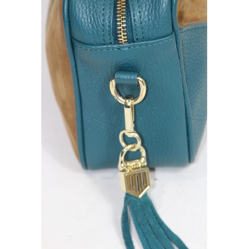 684 - FAIRFAX AND FAVOUR FINSBURY CROSS BODY BAG IN TAN AND OCEAN SUEDE IN BOX