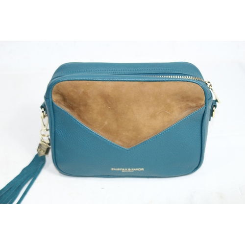 684 - FAIRFAX AND FAVOUR FINSBURY CROSS BODY BAG IN TAN AND OCEAN SUEDE IN BOX