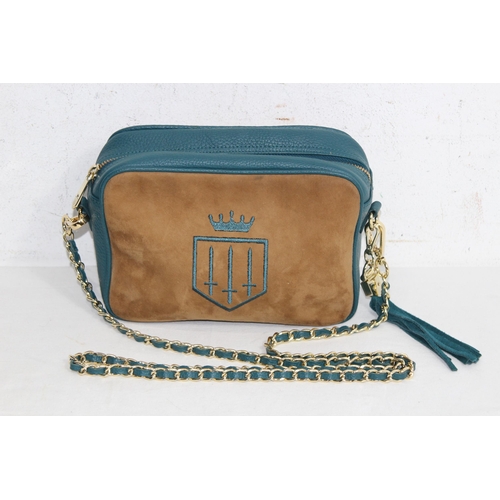 684 - FAIRFAX AND FAVOUR FINSBURY CROSS BODY BAG IN TAN AND OCEAN SUEDE IN BOX