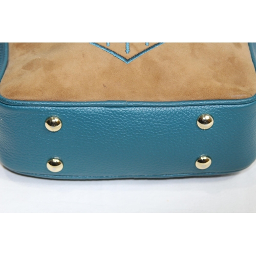 684 - FAIRFAX AND FAVOUR FINSBURY CROSS BODY BAG IN TAN AND OCEAN SUEDE IN BOX