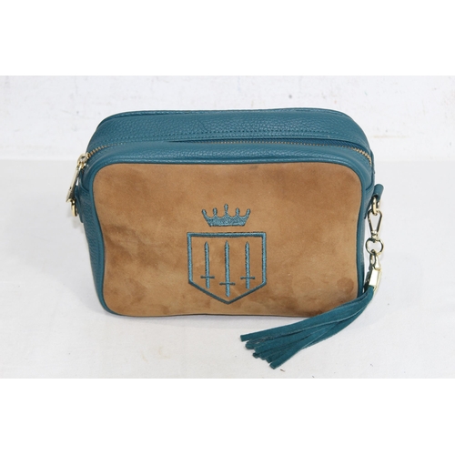 684 - FAIRFAX AND FAVOUR FINSBURY CROSS BODY BAG IN TAN AND OCEAN SUEDE IN BOX