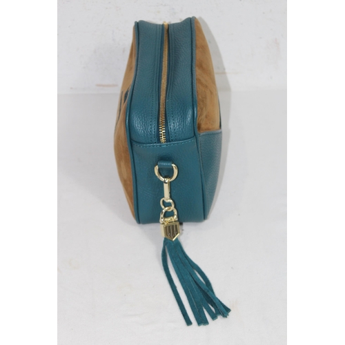 684 - FAIRFAX AND FAVOUR FINSBURY CROSS BODY BAG IN TAN AND OCEAN SUEDE IN BOX