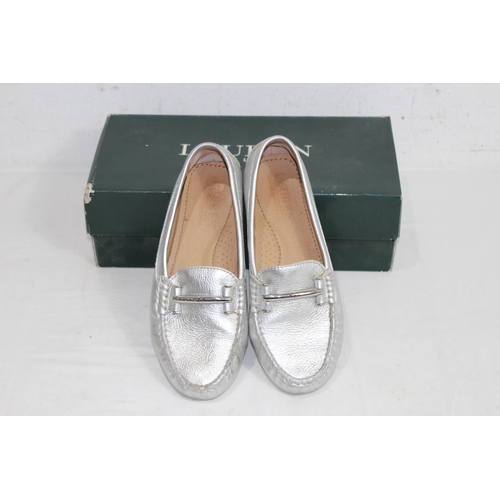 685 - RALPH LAUREN SILVER LOAFERS SIZE 3.5 IN BOX