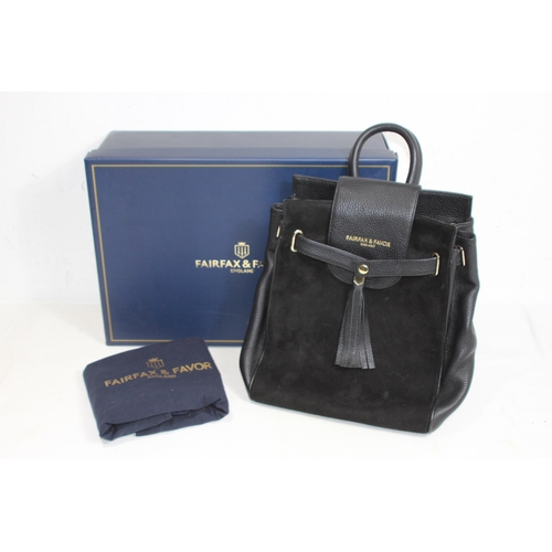 688 - FAIRFAX AND FAVOUR  SUEDE AND LEATHER BLACK RUCKSACK IN BOX