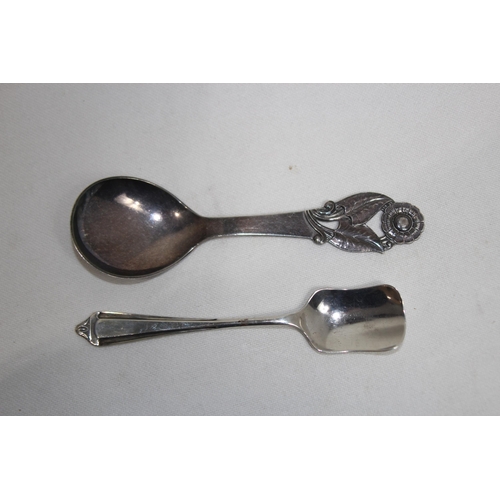 1168 - ENGLISH SILVER CADDY SPOON AND AN ART NOUVEAU DANISH CADDY SPOON