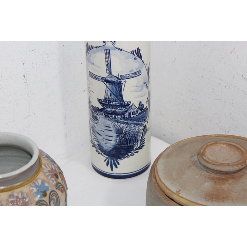 360 - ARTS AND CRAFT POTTERY VASE, POOLE PLATE, DELPT JUG AND POT 
28CM