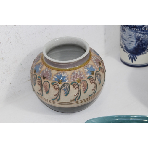 360 - ARTS AND CRAFT POTTERY VASE, POOLE PLATE, DELPT JUG AND POT 
28CM