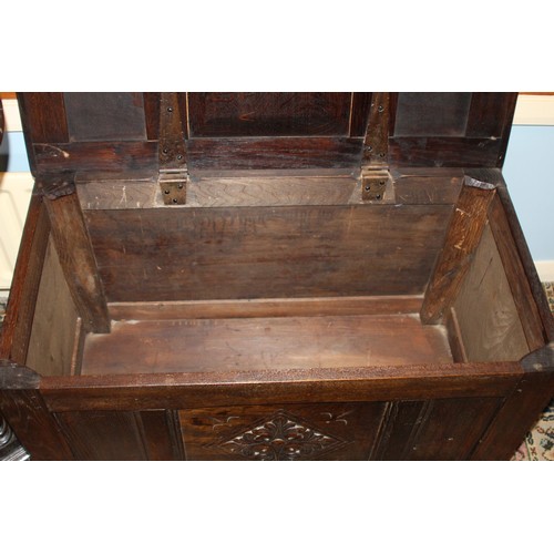 41A - CARVED OAK BLANKET BOX AND OAK CARVED SIDE TABLE 
70 X 54 X 76CM