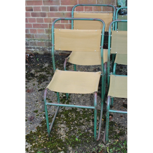 9 - SET OF FIVE VINTAGE RETRO REMPLOY MILITARY GREEN TUBULAR STEEL AND CANVAS STACKABLE CHAIRS
40X 47 X ... 