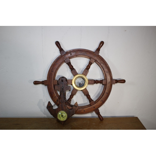 598 - REPRODUCTION SHIP WHEEL AND BAROMETER
64CM