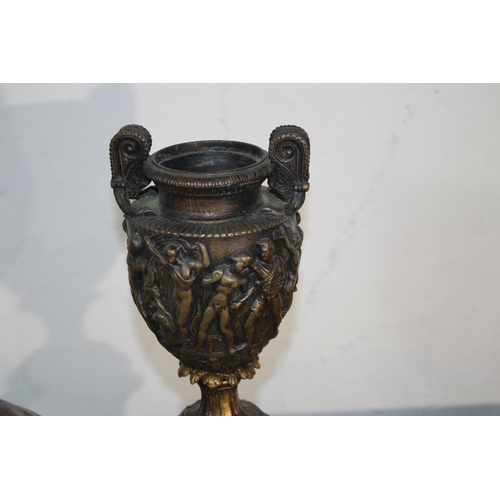 605 - CAST CARVED CUP ON MARBLE BASE AND VINTAGE METAL HANGING PLANTER
34CM