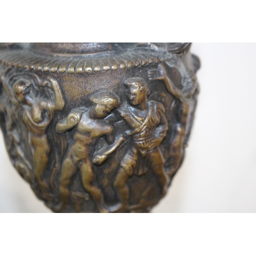 605 - CAST CARVED CUP ON MARBLE BASE AND VINTAGE METAL HANGING PLANTER
34CM