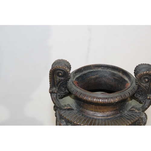 605 - CAST CARVED CUP ON MARBLE BASE AND VINTAGE METAL HANGING PLANTER
34CM