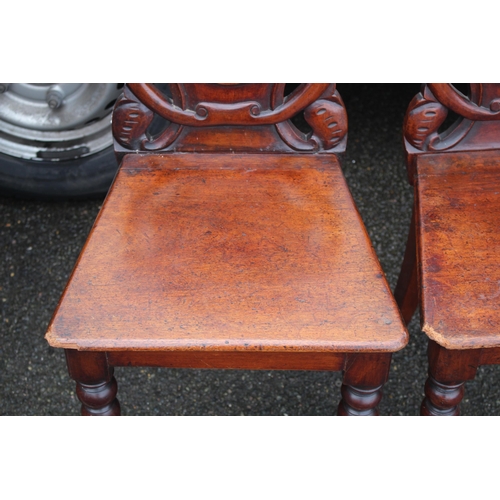 1 - PAIR OF VINTAGE MAHOGANY CARVED HALL CHAIRS
41 X 38 X 83CM