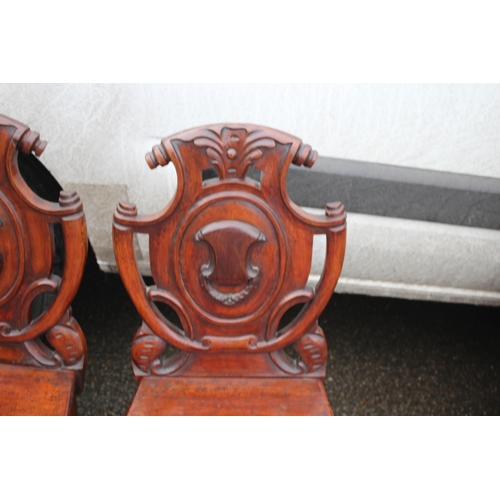 1 - PAIR OF VINTAGE MAHOGANY CARVED HALL CHAIRS
41 X 38 X 83CM