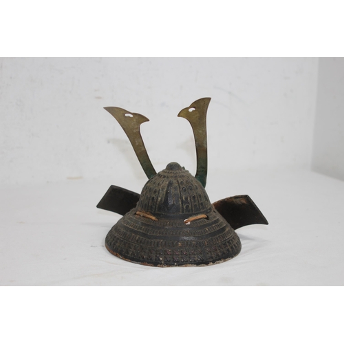 891 - RARE AUTOMOBILE VINTAGE POINT OF SALE METAL YAMAHA MOTOR CO LTD ADVERTISING SAMURAI HELMET OR KABUTO... 