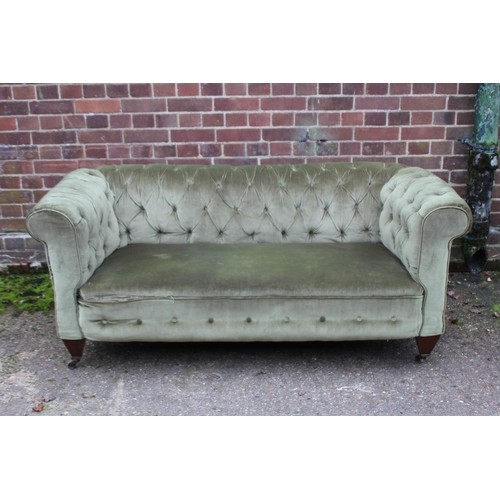 34 - VINTAGE GREEN FABRIC CHESTERFIELD SOFA 
170 X 80 X 67CM