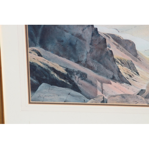 77 - SIGNED J. CAMPBELL 87 WATERCOLOUR OF A MOUNTAIN SCENE
57 X 75CM