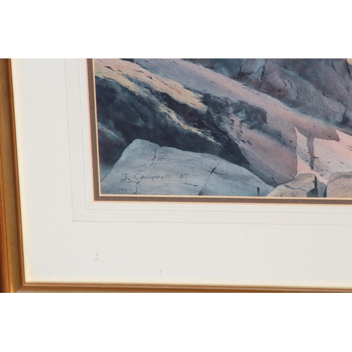 77 - SIGNED J. CAMPBELL 87 WATERCOLOUR OF A MOUNTAIN SCENE
57 X 75CM