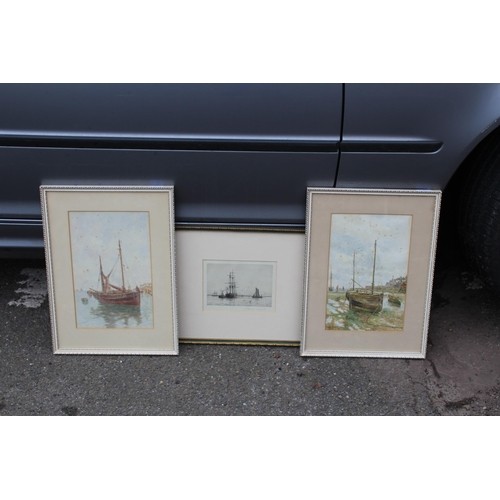 90 - TWO SIGNED WATERCOLOURS OF SAIL BOATS AND A DRAWING OF A SAIL SHIP AND TENDER 
44 X 31CM