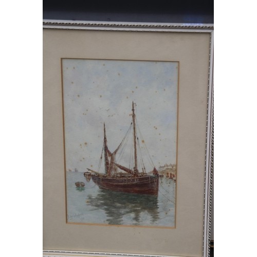 90 - TWO SIGNED WATERCOLOURS OF SAIL BOATS AND A DRAWING OF A SAIL SHIP AND TENDER 
44 X 31CM