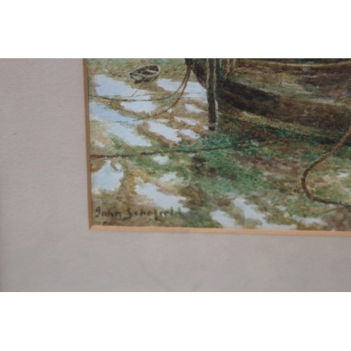 90 - TWO SIGNED WATERCOLOURS OF SAIL BOATS AND A DRAWING OF A SAIL SHIP AND TENDER 
44 X 31CM