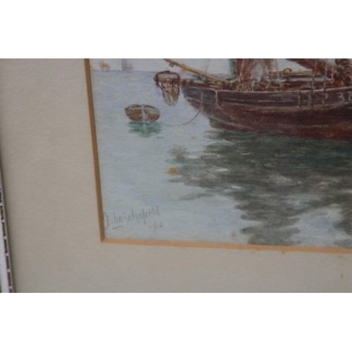 90 - TWO SIGNED WATERCOLOURS OF SAIL BOATS AND A DRAWING OF A SAIL SHIP AND TENDER 
44 X 31CM