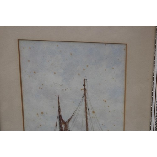 90 - TWO SIGNED WATERCOLOURS OF SAIL BOATS AND A DRAWING OF A SAIL SHIP AND TENDER 
44 X 31CM