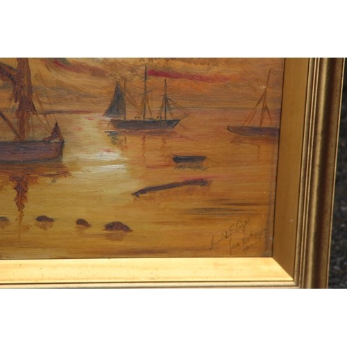 91 - SIGNED OIL ON BOARD SUNSET BY HARALD E GOOBY 1917
41 X 57CM
