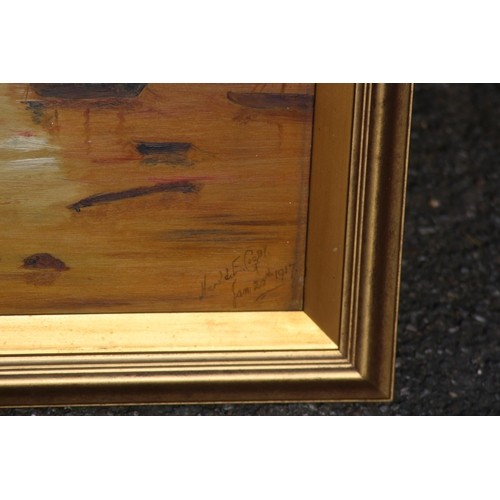 91 - SIGNED OIL ON BOARD SUNSET BY HARALD E GOOBY 1917
41 X 57CM