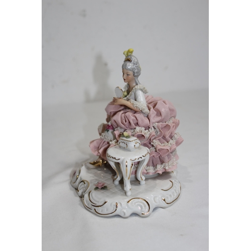 520 - DRESDEN FIGURINE OF A LADY LOOKING IN A MIRROR 
20CM