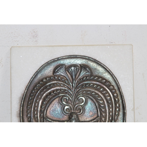 561 - SMALL MARBLE TILE WITH SILVER PLAQUE AND SCENT BOTTLE WITH BLANK SILVER CARTOUCHE
14 X 12CM