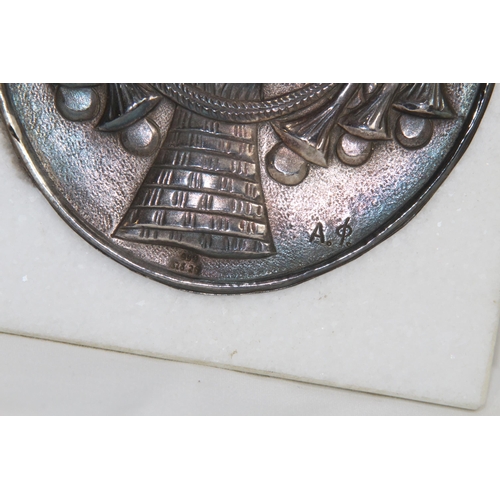 561 - SMALL MARBLE TILE WITH SILVER PLAQUE AND SCENT BOTTLE WITH BLANK SILVER CARTOUCHE
14 X 12CM