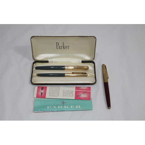 568 - CASED VINTAGE PARKER PEN SET 1/10TH 12CT GOLD WITH PAPERWORK AND ANOTHER SIMILAR PARKER FOUNTAIN PEN