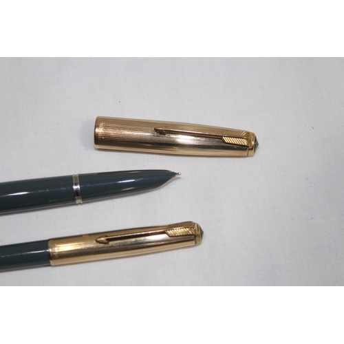 568 - CASED VINTAGE PARKER PEN SET 1/10TH 12CT GOLD WITH PAPERWORK AND ANOTHER SIMILAR PARKER FOUNTAIN PEN