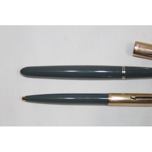 568 - CASED VINTAGE PARKER PEN SET 1/10TH 12CT GOLD WITH PAPERWORK AND ANOTHER SIMILAR PARKER FOUNTAIN PEN