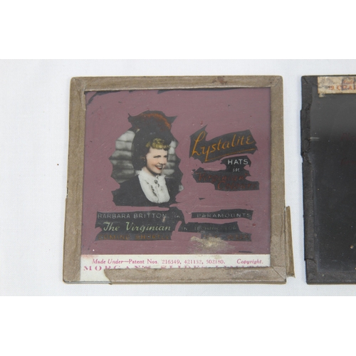 571 - THREE VINTAGE ADVERTISING GLASS PLATES, INC CINEMATOGRAPHY FOR LYSTLITE WITH BARBARA BRITTON IN PARA... 
