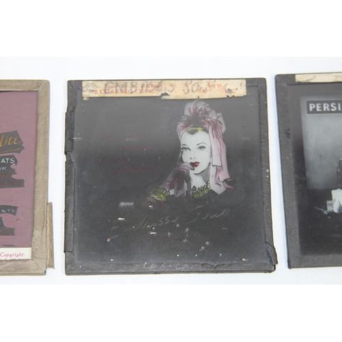 571 - THREE VINTAGE ADVERTISING GLASS PLATES, INC CINEMATOGRAPHY FOR LYSTLITE WITH BARBARA BRITTON IN PARA... 