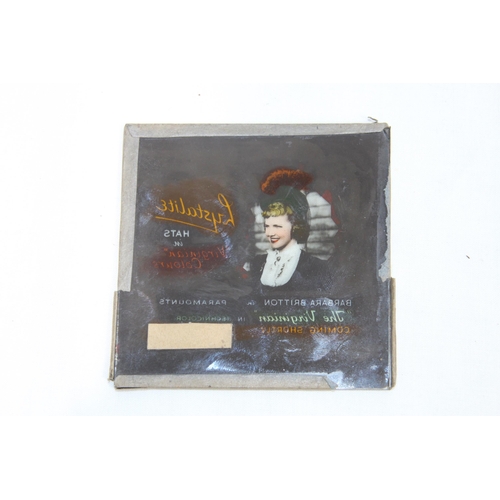 571 - THREE VINTAGE ADVERTISING GLASS PLATES, INC CINEMATOGRAPHY FOR LYSTLITE WITH BARBARA BRITTON IN PARA... 