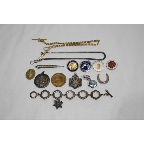 573 - QTY OF BADGES, FOBS, CHAINS ETC SOME ENAMELED