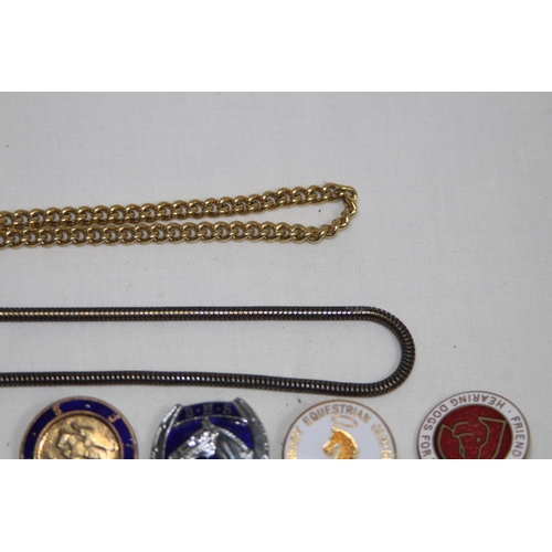 573 - QTY OF BADGES, FOBS, CHAINS ETC SOME ENAMELED