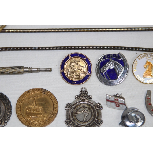 573 - QTY OF BADGES, FOBS, CHAINS ETC SOME ENAMELED