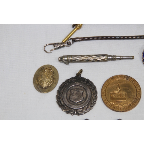 573 - QTY OF BADGES, FOBS, CHAINS ETC SOME ENAMELED