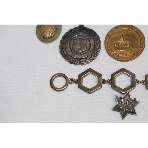 573 - QTY OF BADGES, FOBS, CHAINS ETC SOME ENAMELED