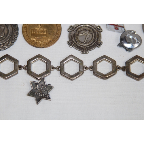 573 - QTY OF BADGES, FOBS, CHAINS ETC SOME ENAMELED